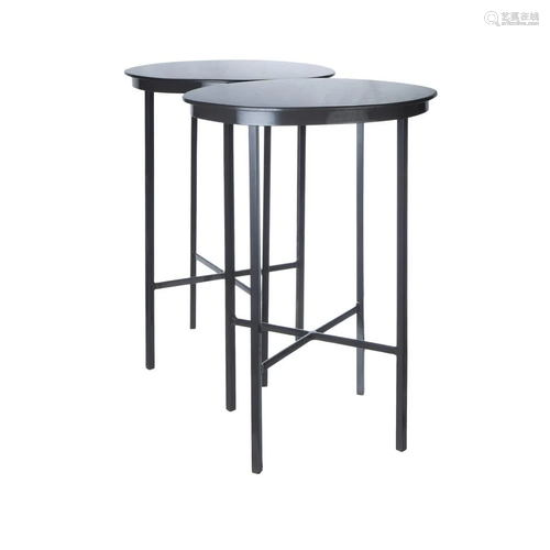 PAIR OF GRAY PAINTED METAL OVAL TABLES