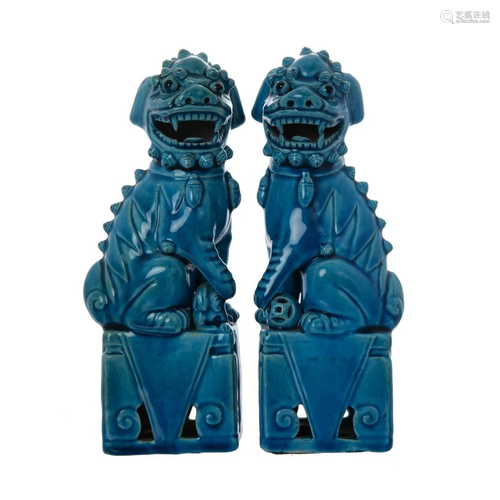 PAIR OF BLUE GLAZED FOU LION FIGURES