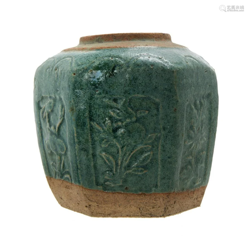 GREEN GLAZED HEXAGONAL JAR