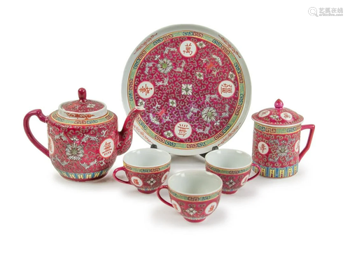 CHINESE RED GROUND FAMILLE ROSE TEA SET