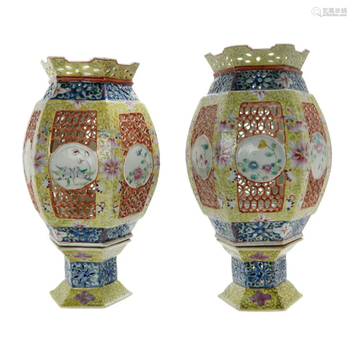 PAIR OF CHINESE FAMILLE ROSE PORCELAIN LAMPS