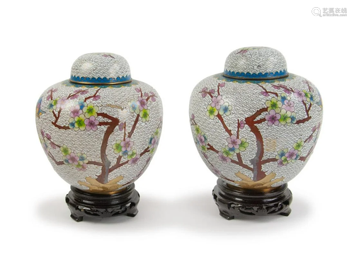 CHINESE WHITE CLOISONNE LIDDED JARS