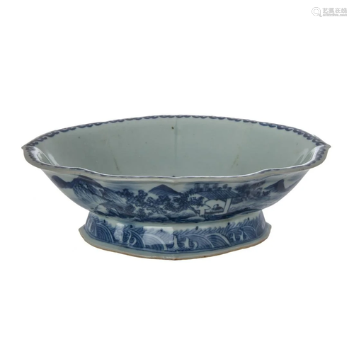 BLUE AND WHITE FOOTED LOBED DISH