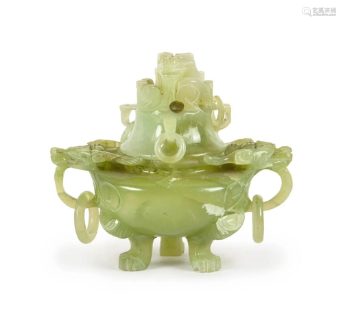 CARVED GREEN JADE DRAGON TRIPOD CENSER