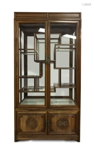 TOP AND BOTTOM LIGHTS CARVED WOOD DISPLAY CABINET