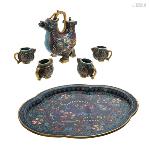 GROUP OF SIX CLOISONNE PHOENIX TEA SERVICES