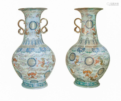 PAIR OF FAMILLE ROSE PORCELAIN LONGEVITY VASES