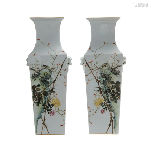 PAIR OF FAMILLE ROSE SQUARE VASES