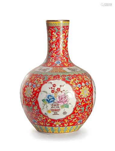 RED GROUND LONGEVITY GLOBULAR VASE