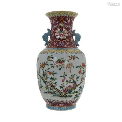 FAMILLE ROSE BAT HANDLE VASE