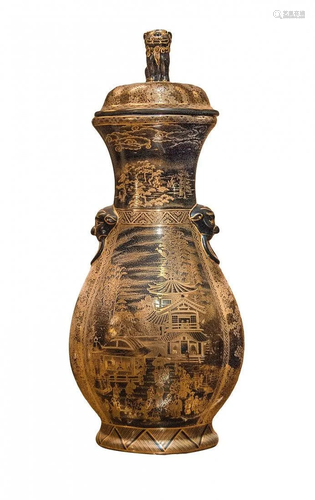 CHINESE GILT PATTERN NOIRE LIDDED VESSEL