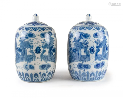 PAIR OF BLUE AND WHITE DRAGON JARS