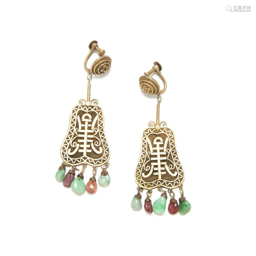 ANTIQUE HAPPINESS FAN EARRINGS JADE /TOURMALINE