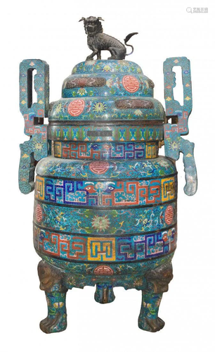 LARGE TEMPLE SIZE CLOISONNE BRONZE CENSER/BRAI…