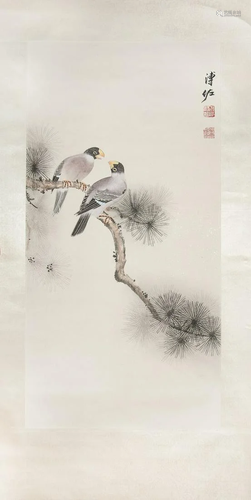 SCROLL PAINTING OF TWO GROSBEAKS, PU RU SIGNATURED