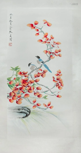 SCROLL PAINTING BIRDS ON BRANCH, YU ZHIZHEN