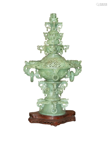 LARGE CELADON JADE CARVED TOWER PAGODA