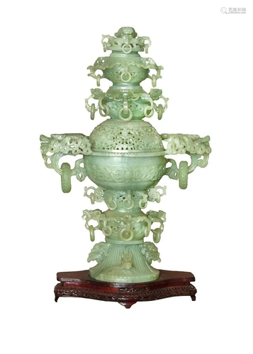 LARGE CELADON JADE CARVED TOWER PAGODA