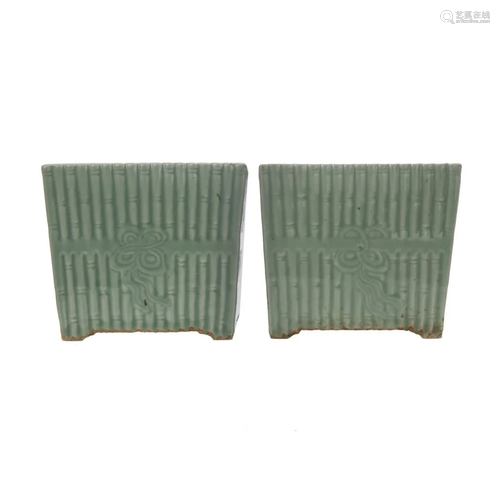 PAIR OF CELADON BAMBOO PLANTERS