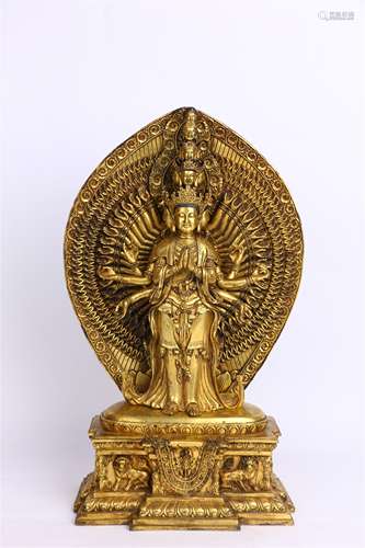 Gilt Copper Statue of  Thousand-hand Bodhisattva,in the Eighth Century