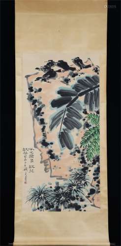 Vertical Painting :Banana Tree and Birds  by Pan Tianshou