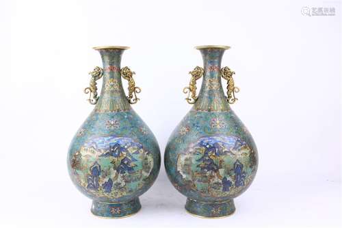 Double Copper Bodied Filigree Enamel  Vases with Landscape Painting  ,Qing Dynasty