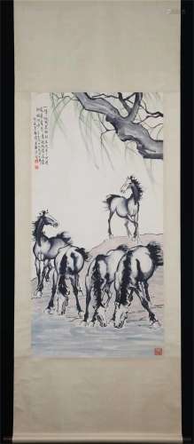 Vertical Painting : Horses Drinking Water  by Xu Beihong