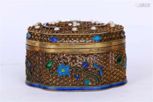 Old Collection. Gilt Silver Filigree Lidded Box with Treasures Inlay