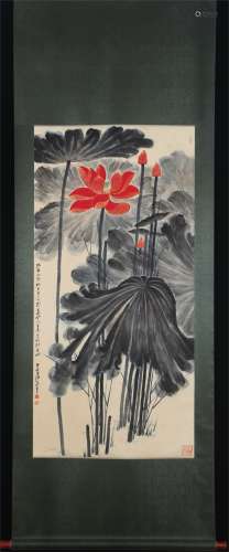 Vertical Painting : Ink Leaves and Gold-traced Red Lotus  by Zhang Daqian