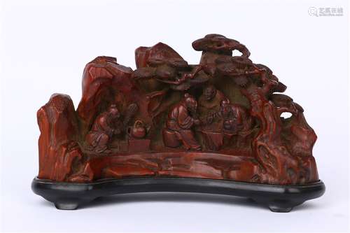 Old Bamboo Ornament with Design of People Playing Chess under a Pine Tree