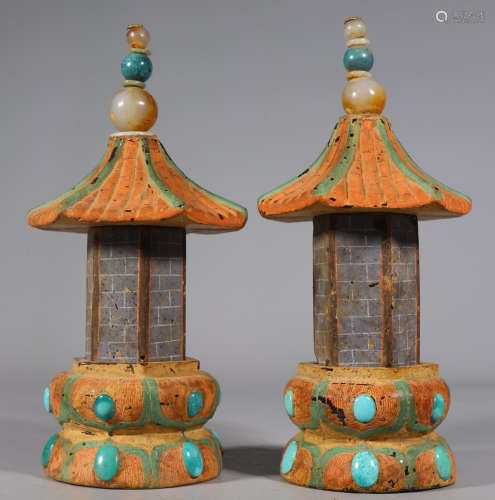 PAIR OF CRYSTAL CARVED STUPA