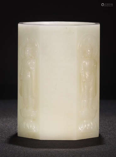 HETIAN JADE CARVED BUDDHA PAATTERN BRUSH POT