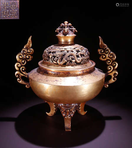 XUANDENIANZHI MARK GILT BRONZE TRIPOD CENSER