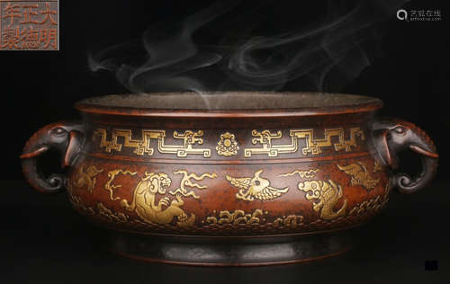 DAMINGZHENGDENIANZHI MARK GILT BRONZE CENSER