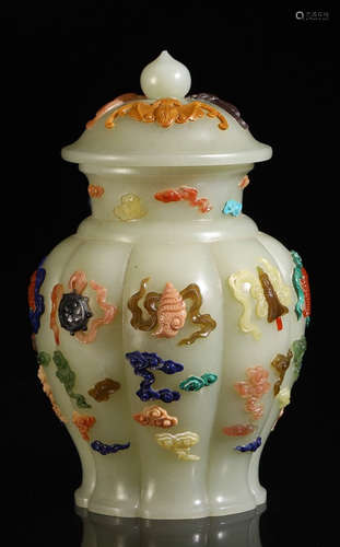 JADE WITH GEM DECORATED VASE