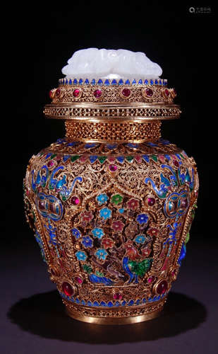 GILT SILVER WITH GEM DECORATED JAR