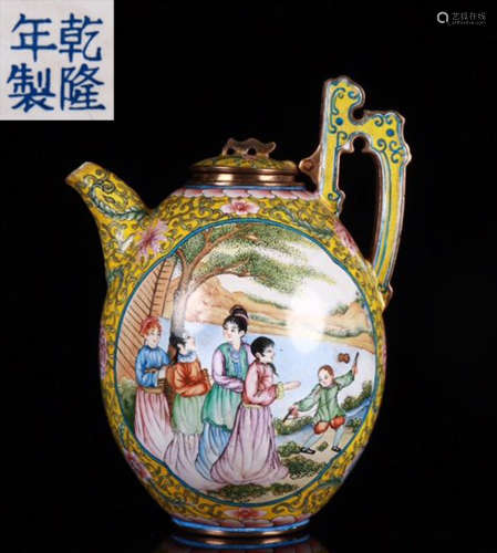 ENAMELED GLAZE POT WITH FIGURE PATTERN