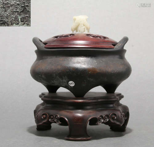 XUANDE MARK COPPER CENSER WITH ZITAN&HETIAN JADE