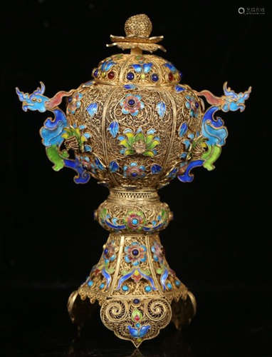 GILT SILVER FILIGREED CENSER DECORATED GEM