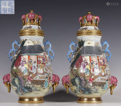 PAIR OF QIANLONG MARK FAMILLE ROSE GLAZE JARS