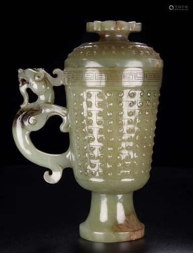 ANTIQUE JADE CUP WITH BEAST SHAPE HANDLE