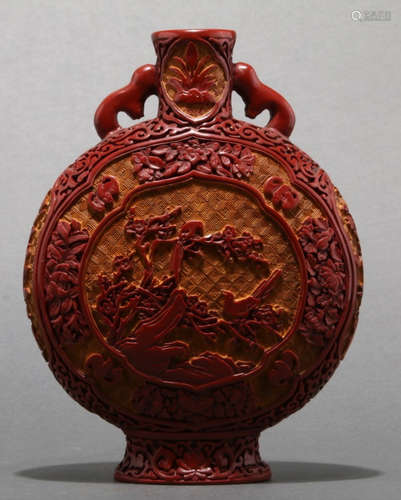 QIANLONG MARK RED LACQUER FLOWER PATTERN VASE