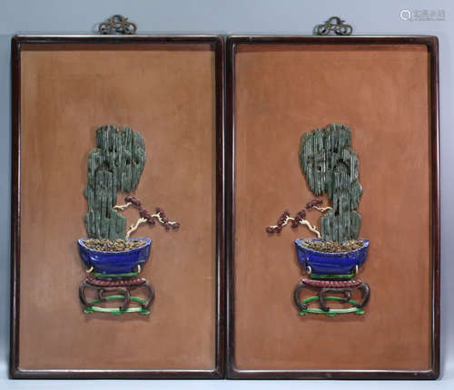 PAIR OF RED WOOD SCREENS DECORATED GEM