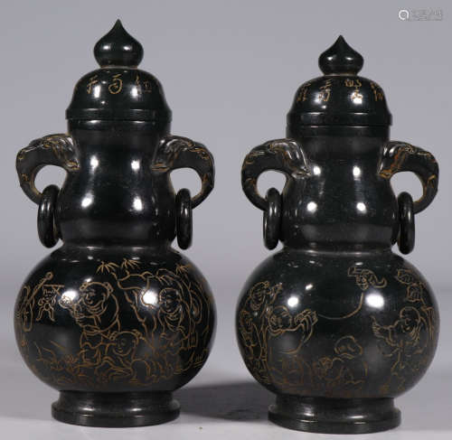 PAIR OF HETIAN JASPER CHILD PATTERN VASES