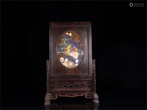 Old Collection.Agate Table Screen with Design of Scholars under a Pine Tree