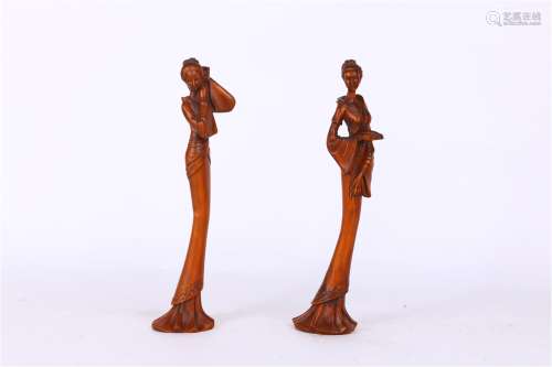 A Pair of Old Boxwood Lady Ornaments