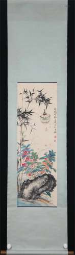 Vertical Painting : Ink Bamboo ,Flowers and Insects  by Wang Xuetao