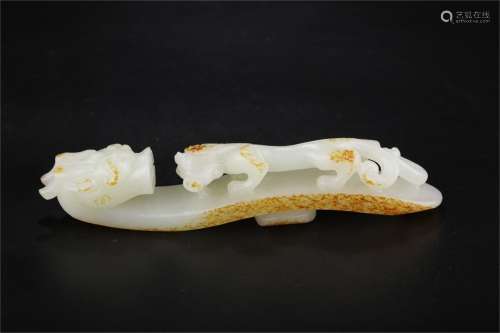 Hetian White Jade  Belt Hook with Design of  Two Dragons ,Qing Dynasty