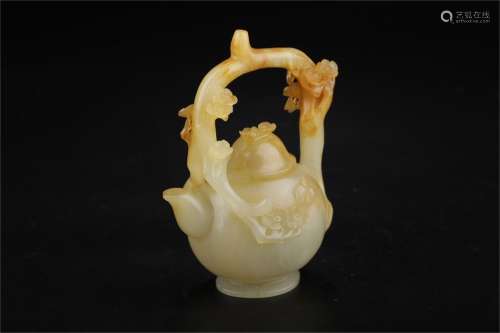 Old Collection.  Hetian White Jade Loop-handled Teapot with Plum Blossom Design