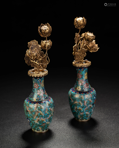 Pair of Cloisonne Enamel Gilt Filigree Lotus Vases
